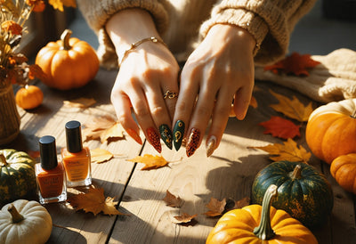 Whimsical autumn nail art designs with pumpkin-spiced patterns and leafy magic for cheeky, cozy vibes