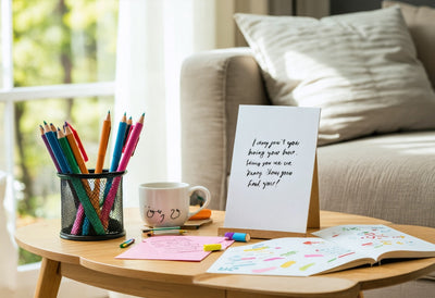 Playful leaving cards messages surrounded by colourful pens, doodles, and a cheeky smiley mug for inspiration