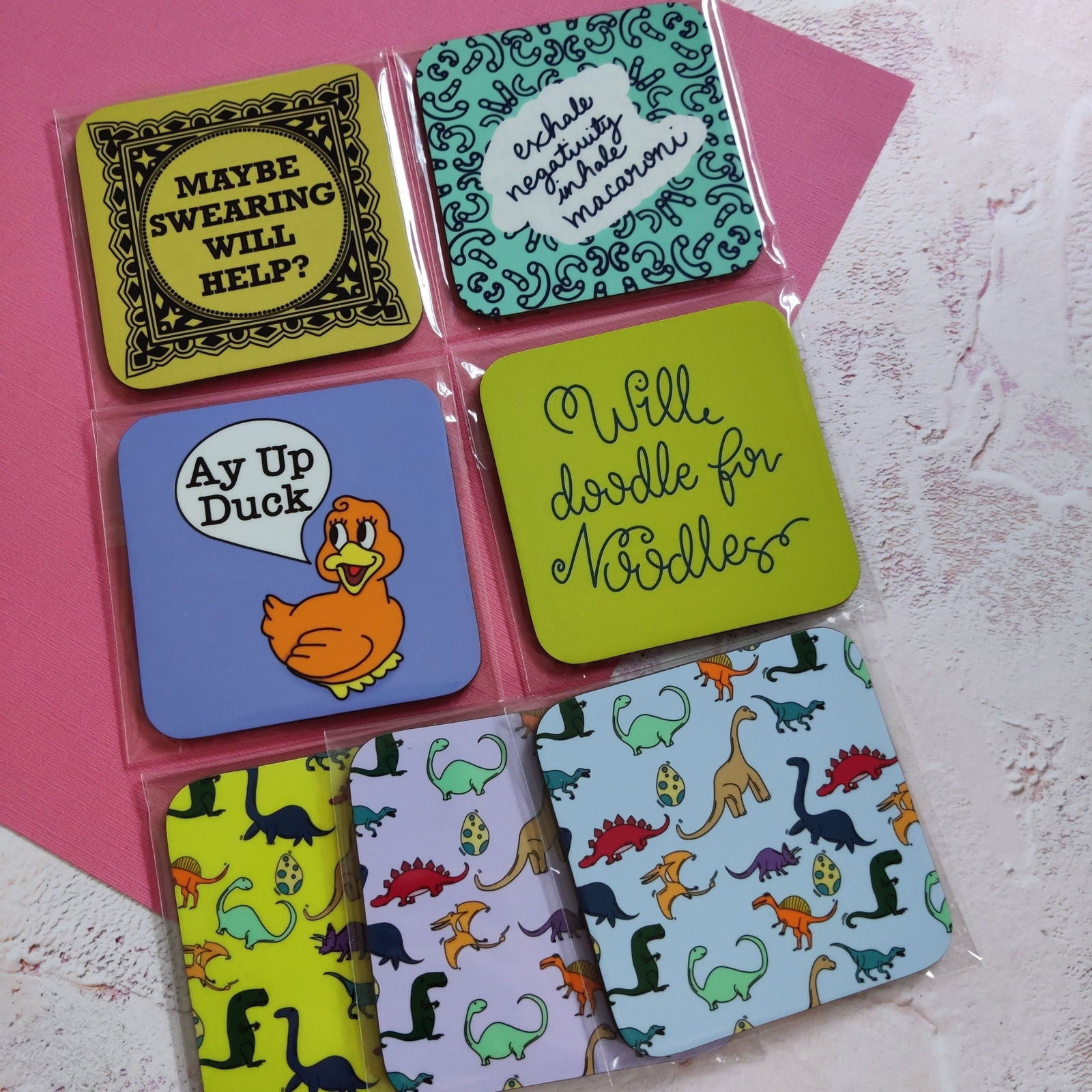 Exhale Negativity, Inhale Macaroni Square Coaster - Fay Dixon Design