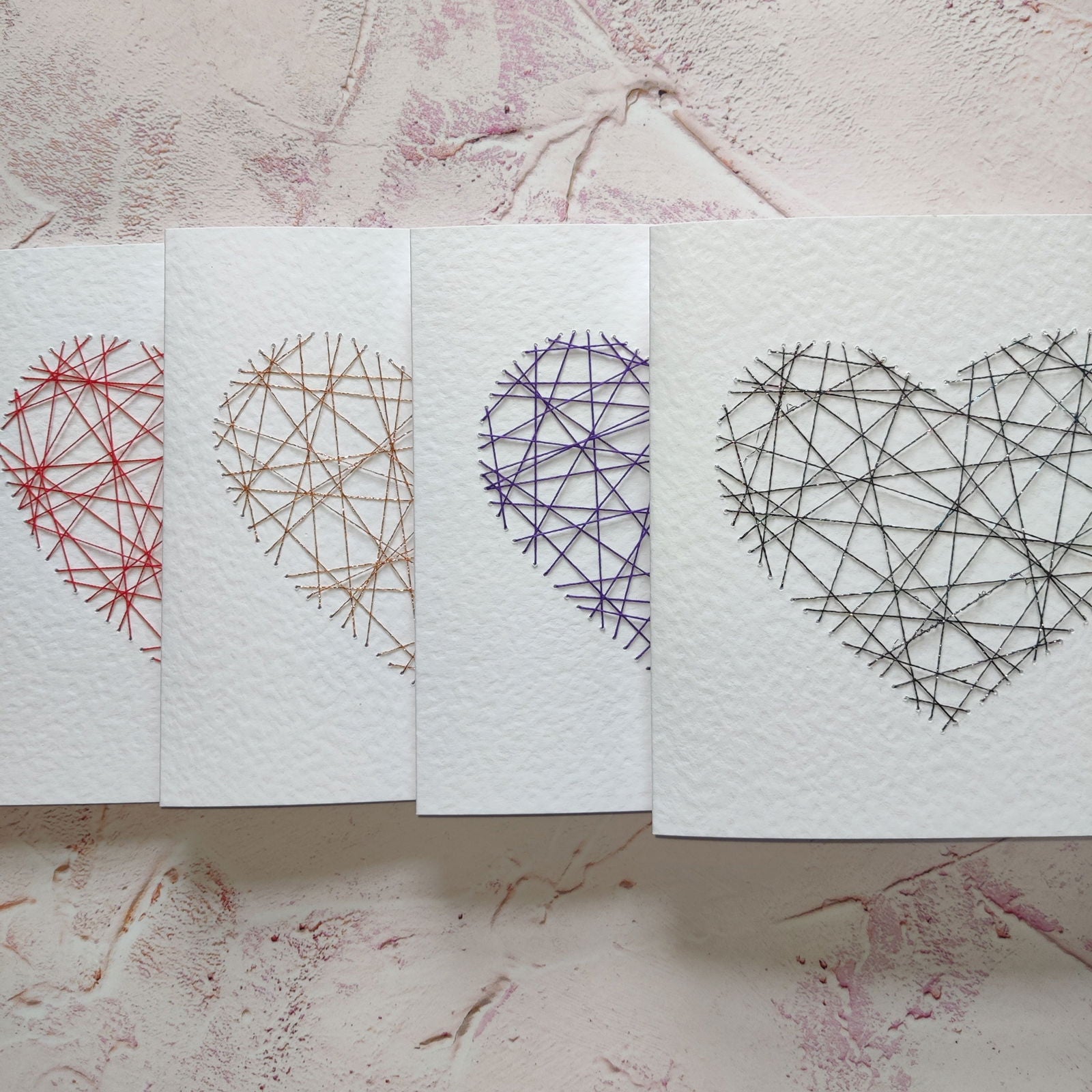 Handmade Red Threaded Heart Greeting Card - Fay Dixon Design