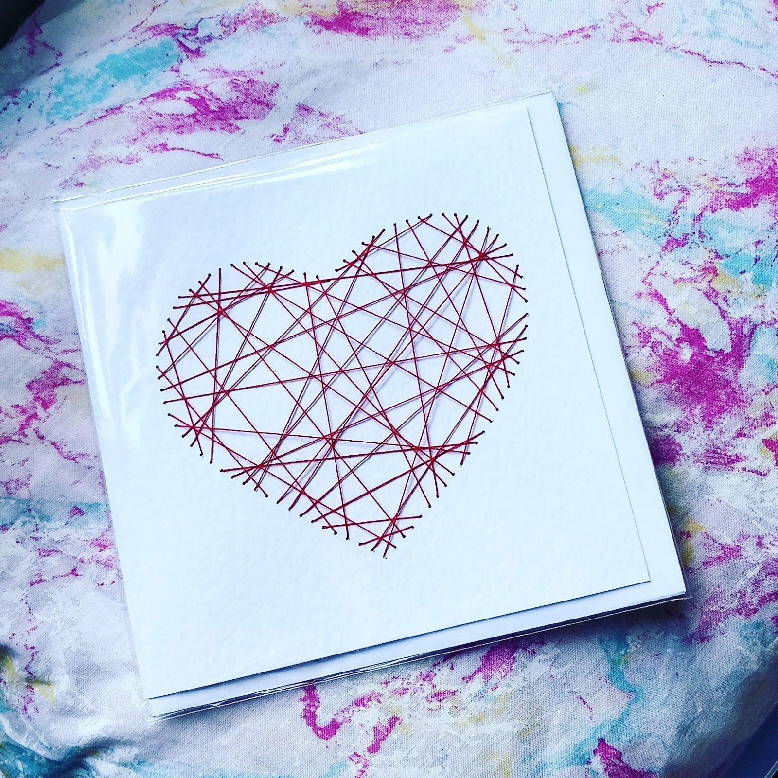 Handmade Red Threaded Heart Greeting Card - Fay Dixon Design