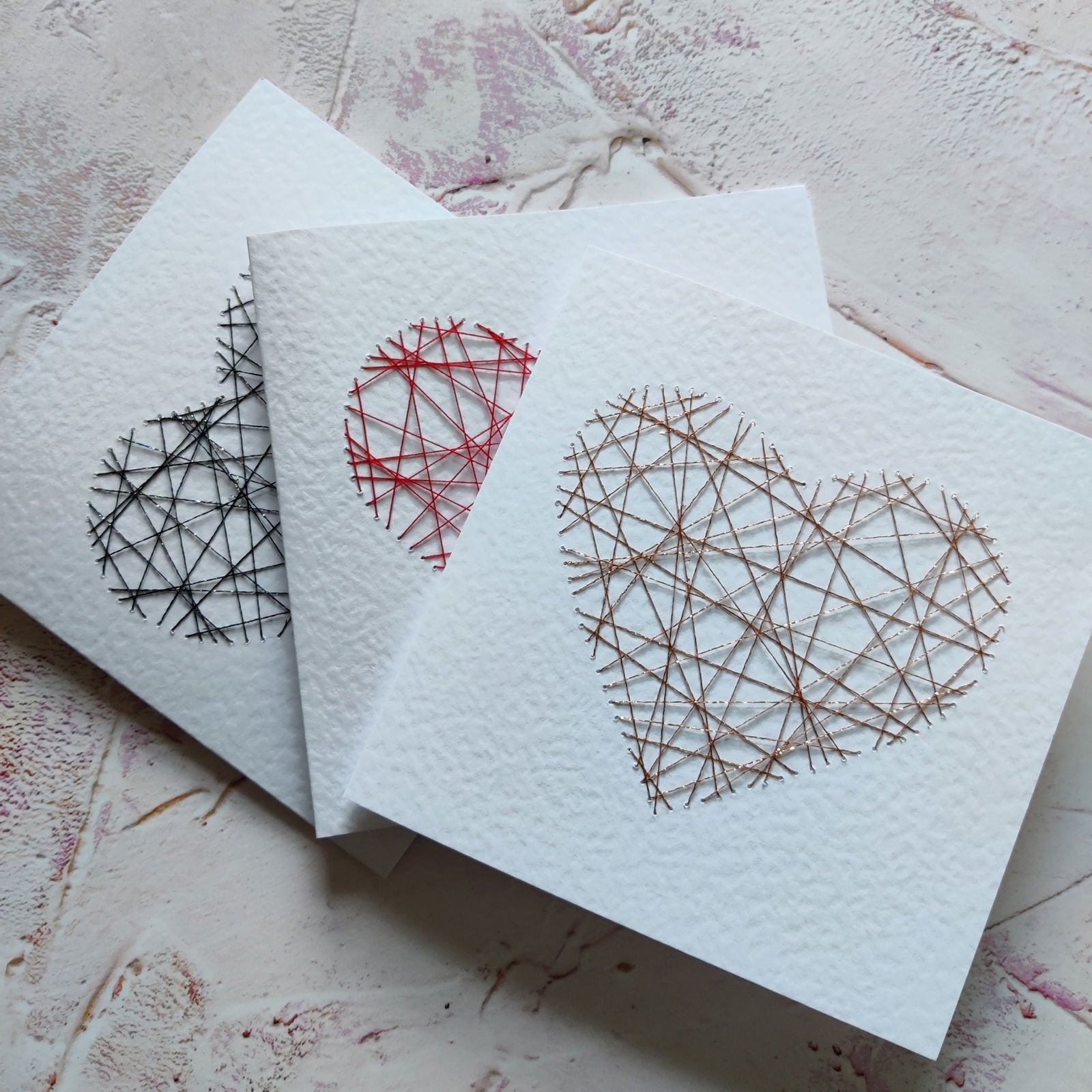 Handmade Red Threaded Heart Greeting Card - Fay Dixon Design
