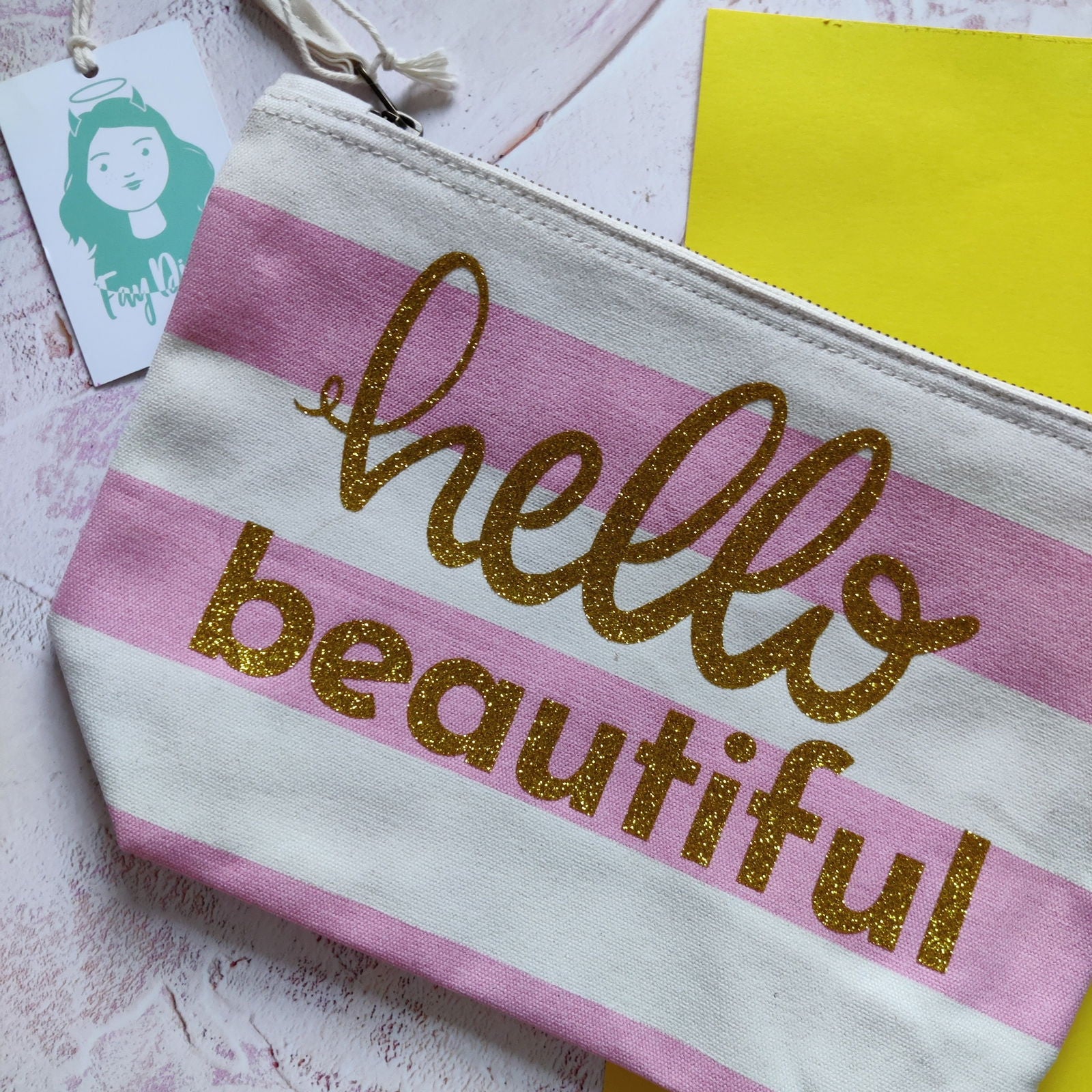 Hello Beautiful Cotton Pouch with Wrist Strap - Fay Dixon Design