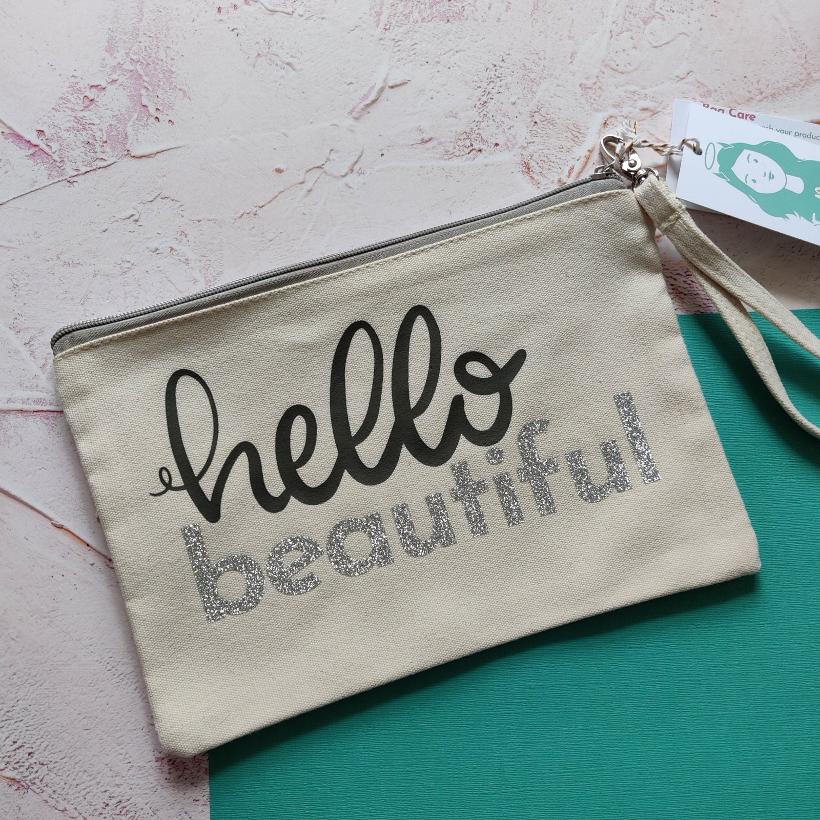 Hello Beautiful Cotton Pouch with Wrist Strap - Fay Dixon Design