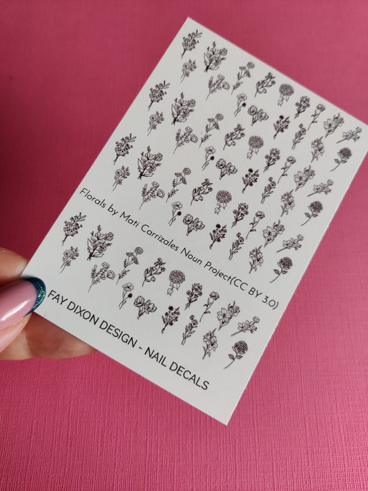 Floral Line Drawing Waterslide Nail Decals