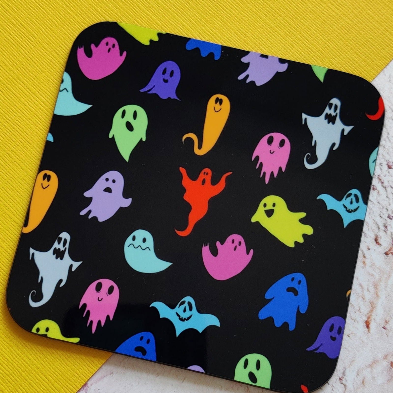 Multi-coloured Ghost Square Coaster - Fay Dixon Design