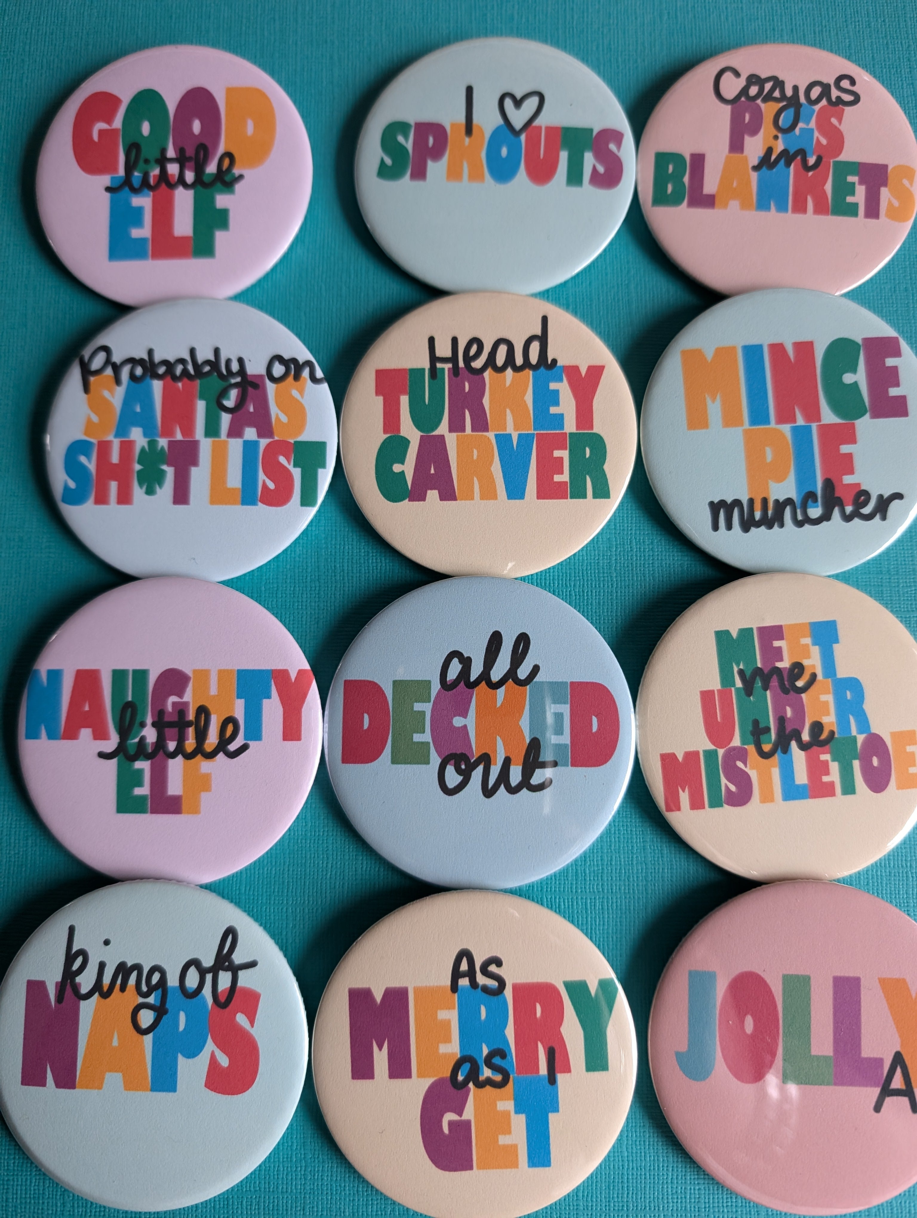 Illustrated Type Christmas Badge, 12 designs to choose from