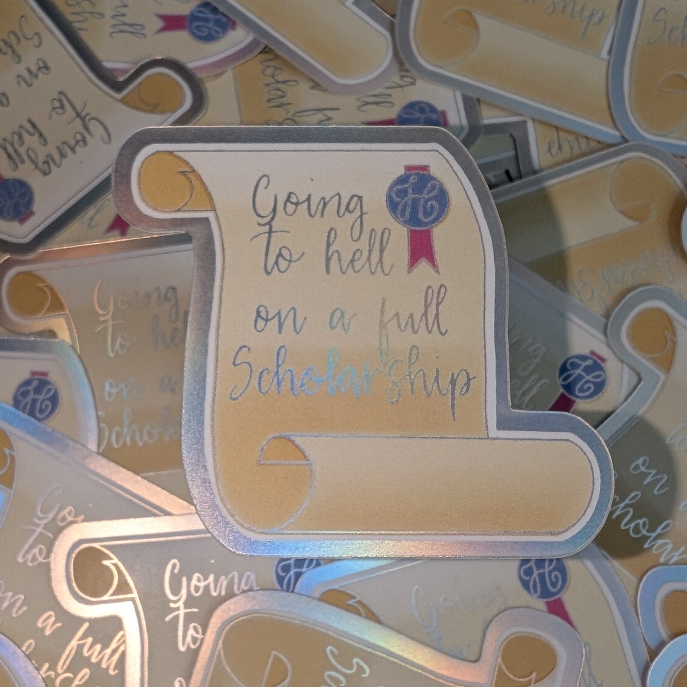 Going to hell on a full scholarship mini vinyl sticker