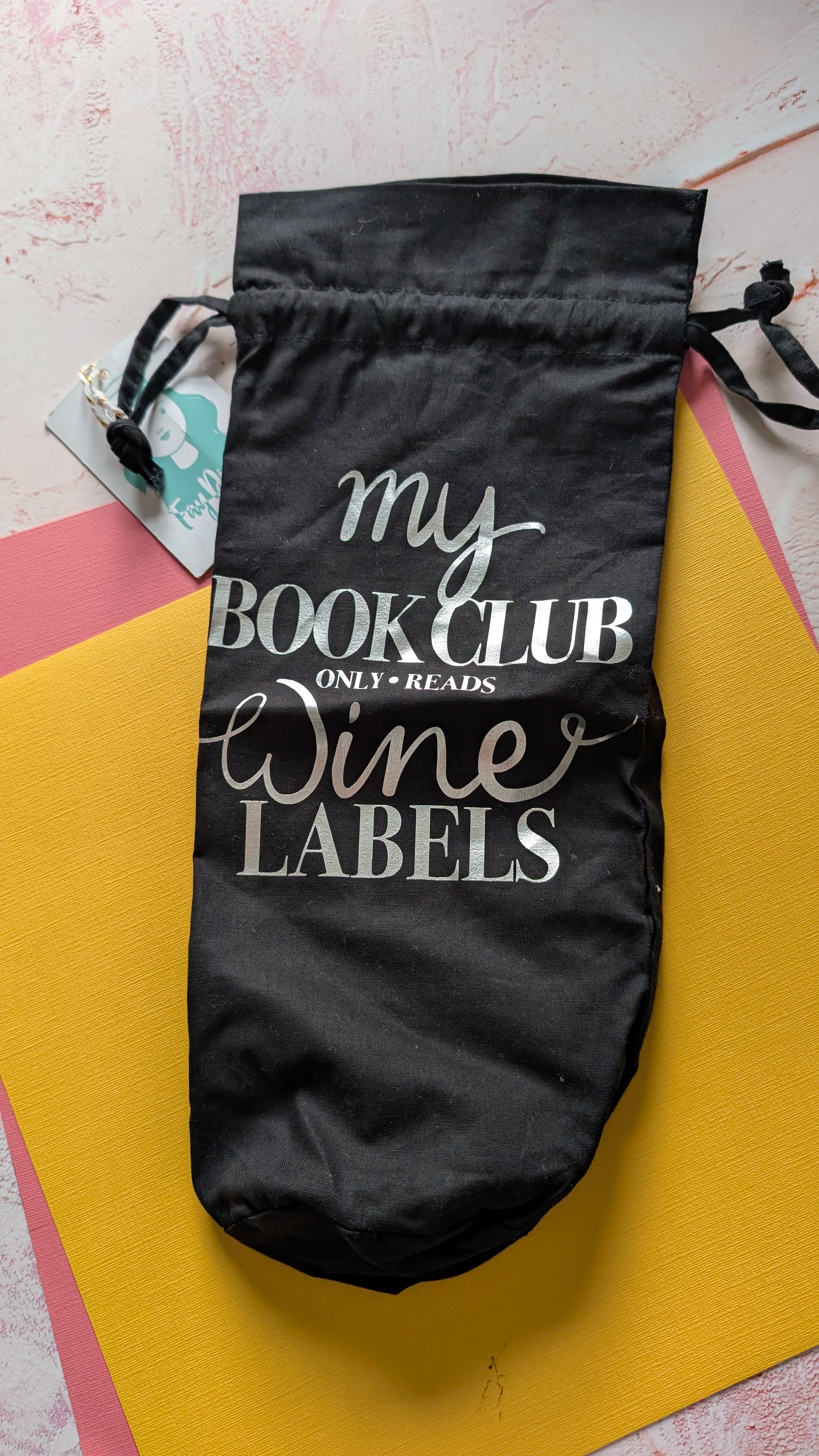 My Book Club only Reads Wine labels Black Cotton Drawstring Bottle Bag