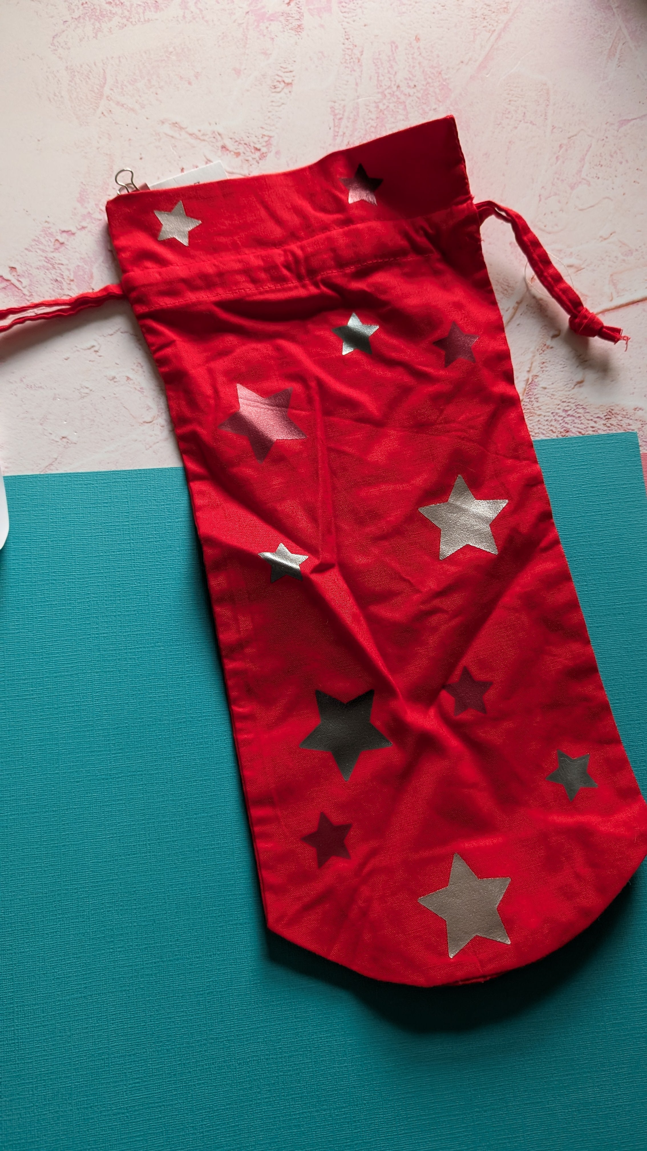 Starry Red Cotton Drawstring Bottle Bag