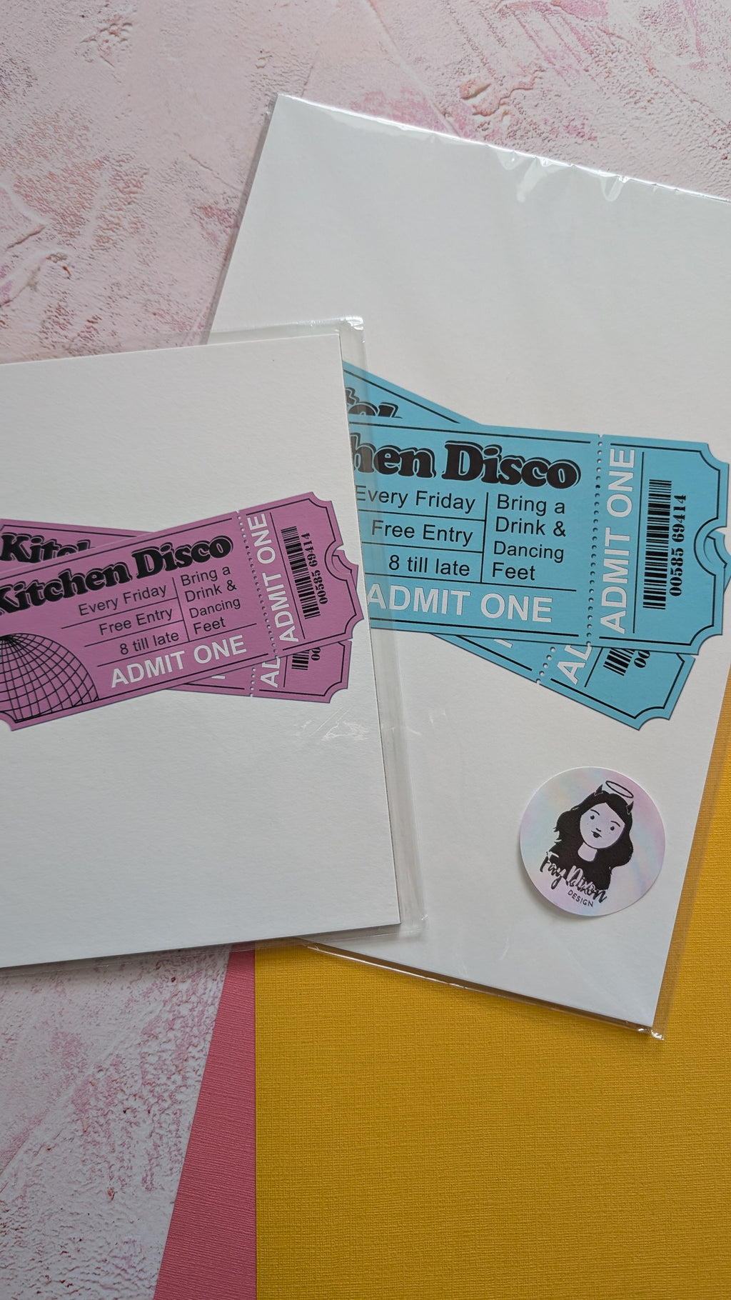 Two 'Kitchen Disco' admit one tickets on a textured surface