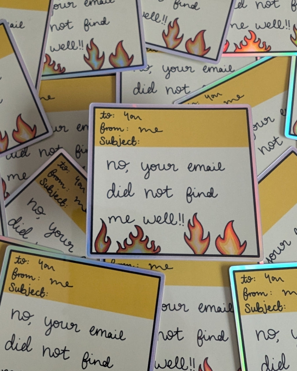 Multiple copies of a square sticker with text and fire graphics on a yellow background