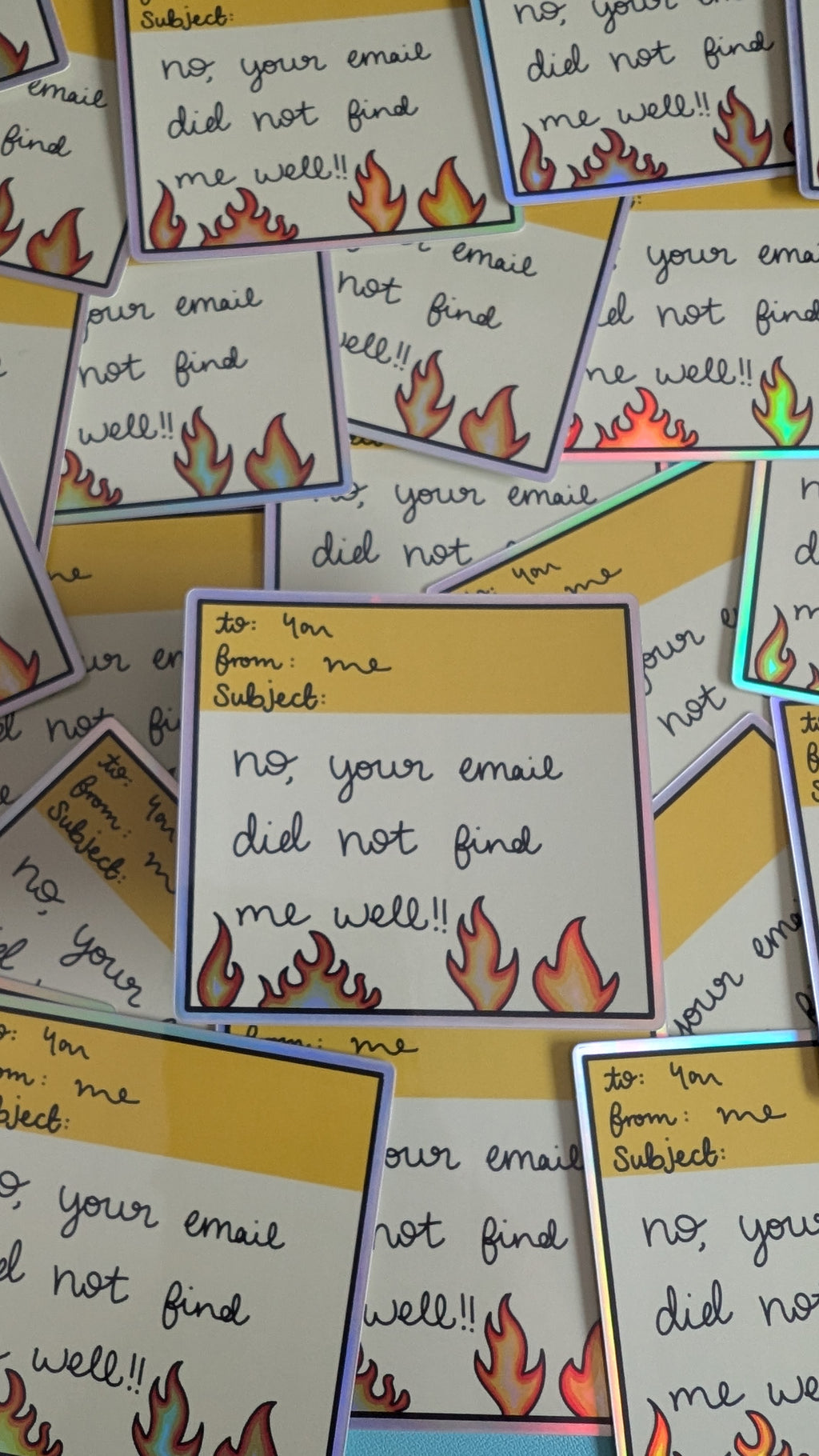 Set of stickers 'no your email did not find me well' with text and fire graphics on a yellow background
